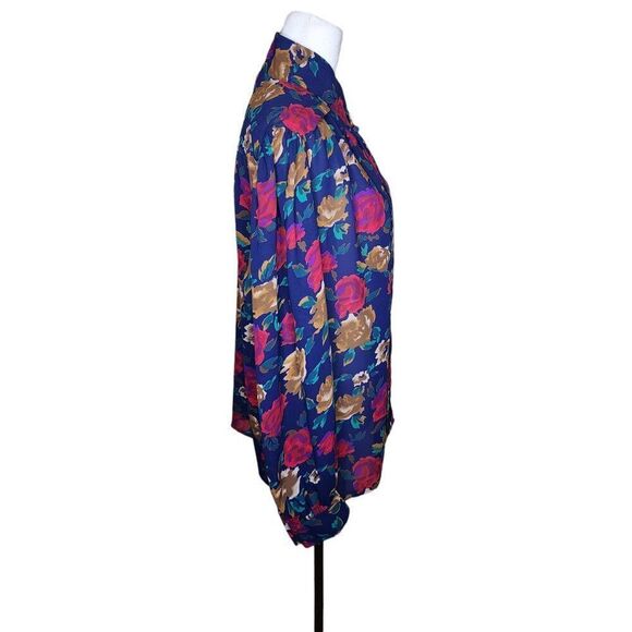 Vintage 80s High Neck Long Sleeve Pleated Floral Blouse Womens Size 12 Blue Mult - Picture 4 of 9